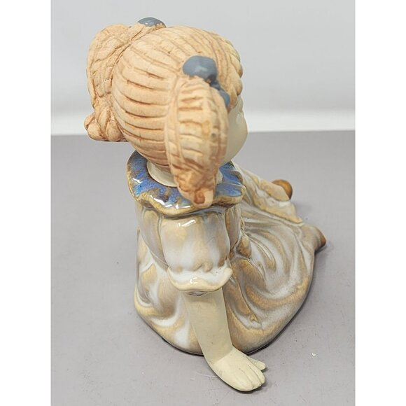 Vintage Handcrafted Ceramic Girl Figurine Dress Pigtails Blue Bow & Brown Shoes‎ - Picture 4 of 11